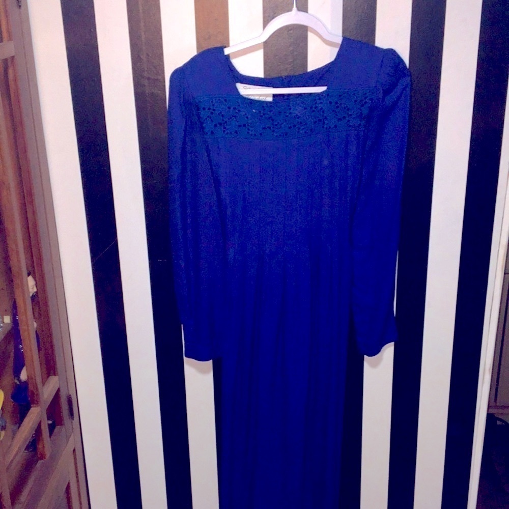 Vintage 80s Royal Blue Prairie Dress Modest Long Sleeve Size 12 Woman’s Large XL - Picture 4 of 17
